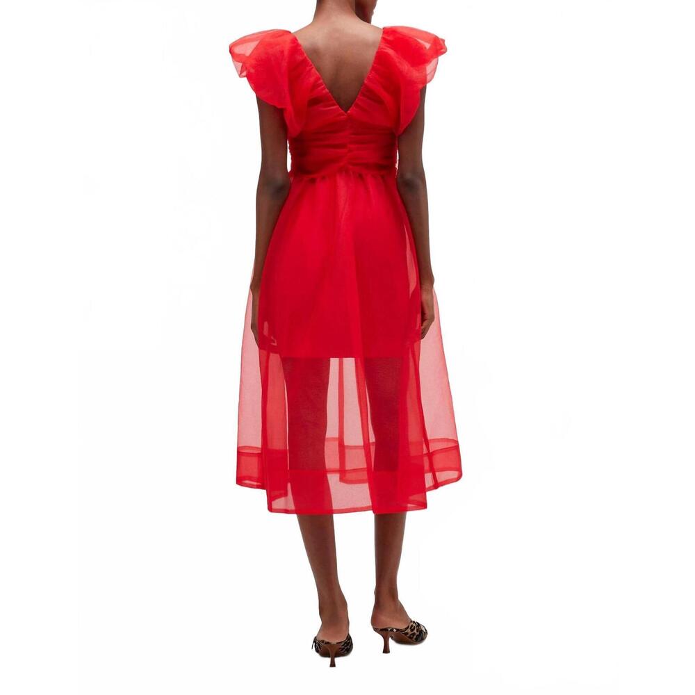 NEW GANNI textured organza long ruched dress in marsred - Picture 3 of 5